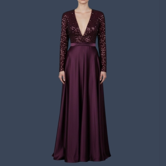 Ts Couture Dresses & Skirts - TS Couture Purple Satin Velvet Sequin Deep V Long Sleeve Formal Ball Gown
